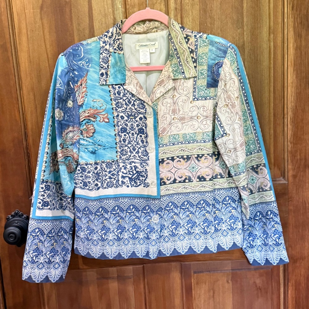 Coldwater Creek Silk Ramie Patchwork Paisley Scalloped Hem Jacket Blue Small